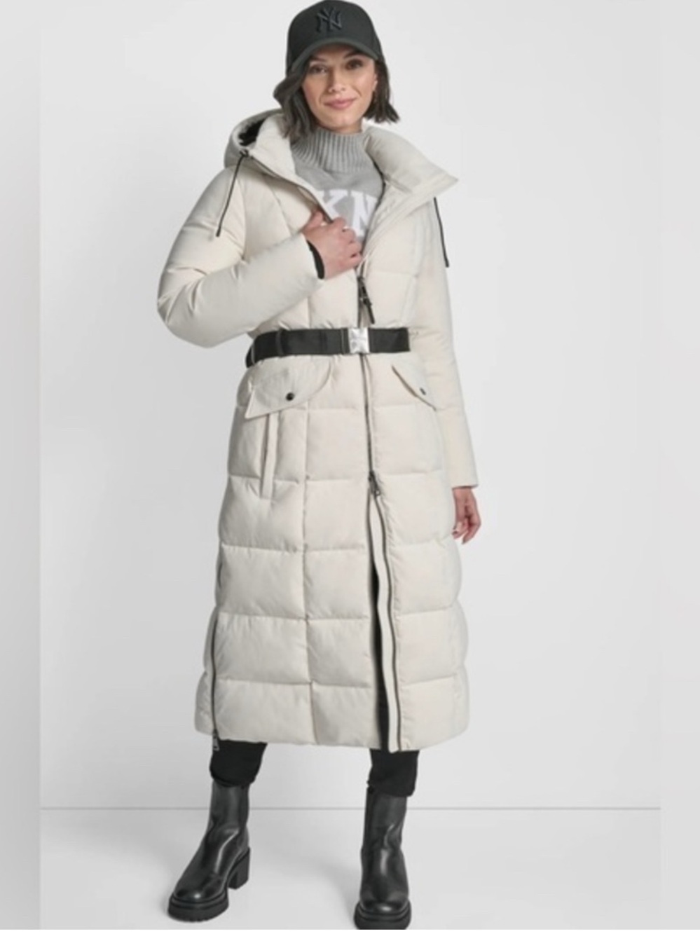 🌸 DKNY Cream Long Quilted Hooded Puffer Coat with Black Belt